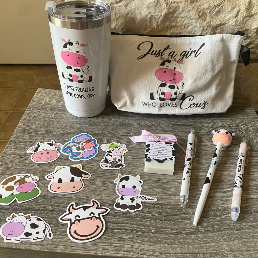 Cow themed items in a box